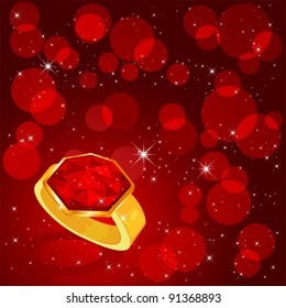 Ring with a ruby on red background, illustration