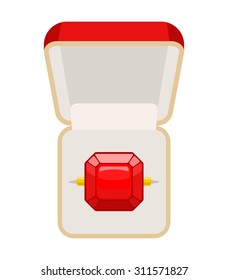 Ring with Ruby. Open box for jewelry. Illustration for betrothal. Wedding circle of top view
