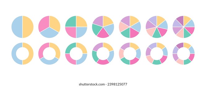 Ring section template. Circular structure chart divided into multicolor segments. Piechart with segments and slices. Circle graph. Pie diagram. Set schemes with sectors. Vector illustration