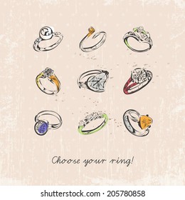 Ring set with precious stones. Vintage style. Sketch. Design for T-shirts.