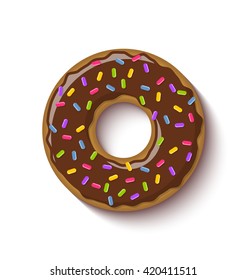 Ring shaped donut covered with chocolate flavoured brown icing and placed on white background