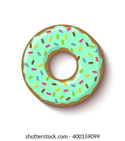 Ring shaped donut covered with mint flavoured green icing and placed on white background