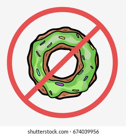 Ring shaped donut covered with mint flavored green icing in red NO sign. Flat vector stock illustration.