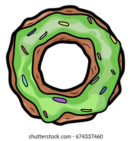 Ring shaped donut covered with mint flavoured green icing. Flat vector stock illustration.