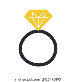 Anillo con brillantes diamantes. Concepto de boda, compromiso, amor. Ilustración con la mano plana del vector. Fondo blanco.