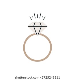 Anillo con diamante brillante. Concepto de boda, compromiso, amor. Vector plano dibujado a mano ilustración. El fondo blanco.