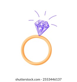 Ring with shining violet diamond in cartoon style. Gold wedding ring for engagement and Valentines Day holiday. Isolated on white background.