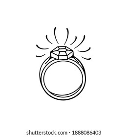 Ring with a shiny stone. Hand drawn vector illustration in Doodle style. Isolated object on a white background. Design for wedding decor, Valentine's day.
