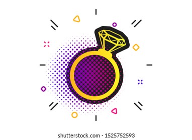 Ring sign icon. Halftone dots pattern. Jewelry with diamond symbol. Wedding or engagement day symbol. Classic flat ring icon. Vector