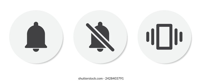 Ring silent and vibrate mode bell icon set in circle with shadow for user interface design in grey and white color. Call phone isolated illustration concept - Vector Icon