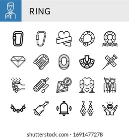 ajuste de iconos simples de anillo. Contiene iconos como Groom, Carabiner, Wedding, Salvador de la vida, Diamante, Lifeboat, Ring, Necklace, Cannula, Tubo de rescate se puede utilizar para web, móvil y logo