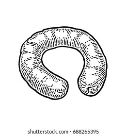 Ring of smoked sausage. Vintage vector engraving illustration for web, poster, invitation to beer and barbecue party. Hand drawn design element isolated on white background.