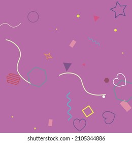 Ring Square Pink Simple Colorful Wave Violet Geometrical Design. Bright Zigzag Rectangle Oval Hearts Red Green Hipster Background. Purple Stars Orange Pastel Yellow Circle Lime Illustration.
