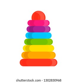 Ring stacker wooden toy rainbow pyramid vector icon. Educational visual baby assembled building tower illustration