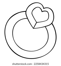 Ring with a stone in the shape of a heart. Sketch. Stylish decoration on the finger. Vector illustration. Doodle style. Outline on isolated background. Coloring book for children. Fashion jewelry. 