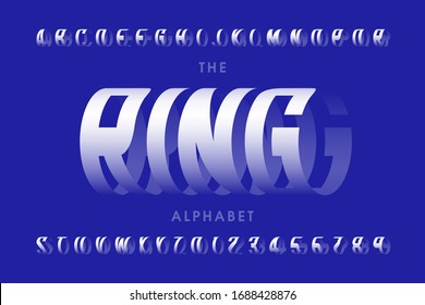 Ring style font, three-dimensional capital alphabet letters and numbers vector illustration