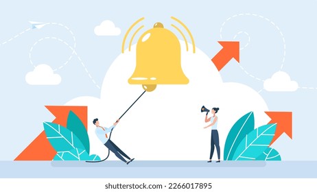 Llama a la campana de suscripción para recibir recordatorios de nuevos contenidos en medios sociales. Los hombres tienen notificaciones de mensajes de chat, encienden los medios sociales para estar al día. El nuevo suscriptor suena como una gran campana. Ilustración del vector