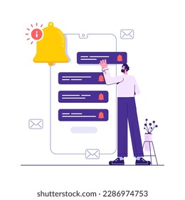 Ring subscription bell to get reminder for new social media content, man get chat messages notification on mobile phone, turn on notification on social media for up to date