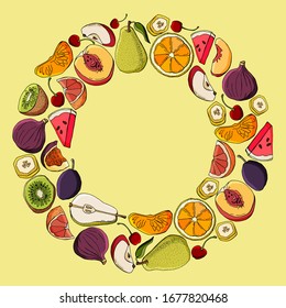 Ring of summer fruits and berries. Cartoon style illustration. Stock illustration. For romantic design, announcements, greeting cards, posters, advertisement.