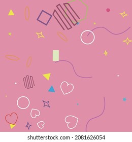 Ring Sweet Stars Simple Bright Wave Hearts Geometry Illustration. Yellow Pink Red Zigzag Purple Square Green Hipster Background. Polygonal Orange Oval Blue Pastel Circle Violet Design Pic.