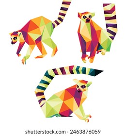 Ring Tailed Lemur Animal Set in Colorful Polygonal low poly. Collection of Ring tailed Lemur Madagascar in Colorful abstract Vector. Lemur Colorful Logo Set