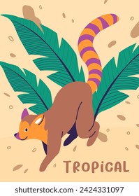 Ring tailed lemur with bananas leaves, tropical and exotic animals. Arboreal primate with long and striped tail. Creature living in habitat of Madagascar. African biodiversity. Vector in flat style