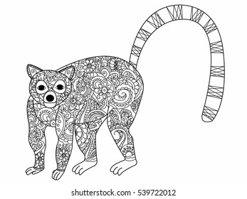 Ring tailed lemur book for adults vector illustration. Anti-stress coloring for adult herbivorous. Zentangle style. Black and white lines. Lace pattern