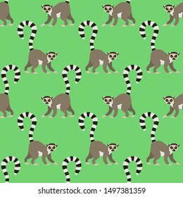 Ring tailed lemur (Lemur catta). Vector illustration, seamless pattern on green backgroung.