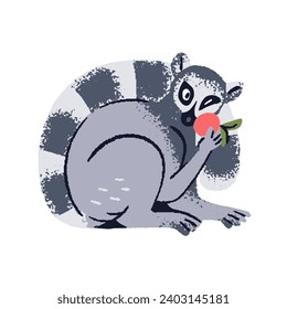 Lémur de cola anillada comiendo fruta. Cute Catta con un suave reposo de cola a rayas. Curioso mono pequeño, adorable primate de Madagascar. Animal de la selva tropical. Ilustración vectorial aislada plana sobre fondo blanco