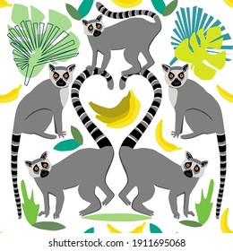 Patrón tropical con lemures exóticos y plátanos, palmera botánica, hojas de palma para redes sociales, sitios web. Perfecto para tejidos, prendas de vestir, papel pintado, envoltura de regalo
