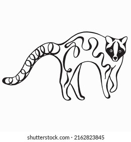 Ring tailed lemur. Madagascar cat. Black silhouette on white background. Linear drawing. Calligraphy image.