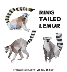 Ring Tailed Lemur Polygonal Low Poly Illustration. Set of Abstract triangle Vector Logo of Lemur. Lemur Polygonal Vector Collection