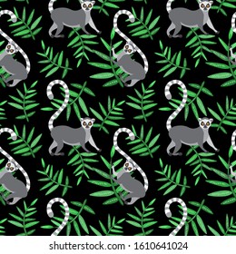 Ring tailed lemurs with tropic leaves. Seamless pattern on black background. Grey and green colors. Stock vector illustration for digital paper and wrapping paper decor, also for fonts and textures.