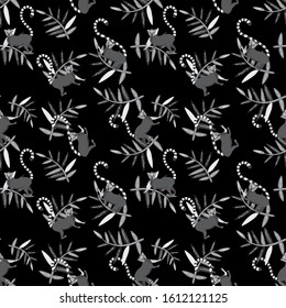 Ring tailed lemurs with tropic leaves. Seamless pattern on black background. Grey and black colors monochrome. Stock vector illustration for digital paper and wrapping paper decor, fonts and textures.
