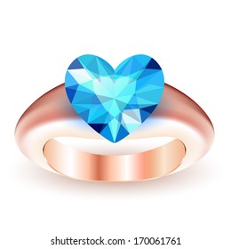 Ring with topaz heart shaped isolated on white background