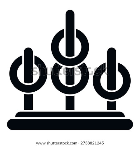 Ring toss game featuring three posts with rings on a base in a black icon style