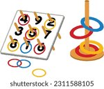Ring toss is a game in which a ring is tossed onto a pole set up at a distance. the plaything.