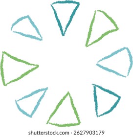 Un anillo de triángulos se representa en un estilo dibujado a mano con líneas texturizadas.  Las Formas geométricas forman un patrón repetitivo alrededor de un punto central. Ilustración vectorial de dibujos animados