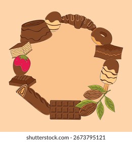 A ring of various chocolate sweets including bars cakes and cocoa pod. Vector illustration