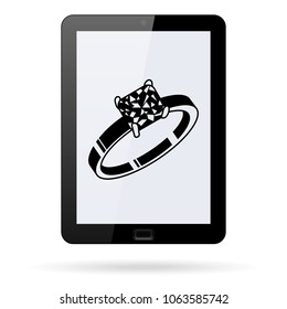 ring vector icon with square diamond on a realistic tablet. Flat design style