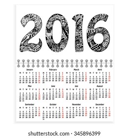 Ring-bound calendar 2016. Hand-drawn numerals with zentangle style pattern as cover
