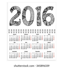 Ring-bound calendar 2016. Hand-drawn ornate numerals with zentangle style pattern as cover