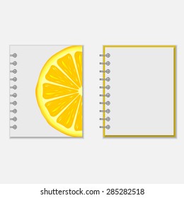 Ring-bound notebook cover design with bright lemon on white. Isolated on white