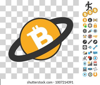 Ringed Bitcoin icon with bonus bitcoin mining and blockchain pictures. Vector illustration style is flat iconic symbols. Designed for bitcoin websites.