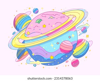 un planeta anillado, multicolor. Ilustración de contorno.