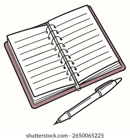 A ringed notebook lies open with a pen beside it, ready for notes or journaling.