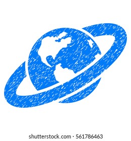 Ringed Planet grainy textured icon for overlay watermark stamps. Flat symbol with unclean texture. Dotted vector blue ink rubber seal stamp with grunge design on a white background.