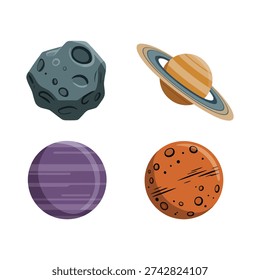 Ringed planet, rocky asteroid, purple world and orange moon icons for space exploration flyer, astronomy club, science project graphics