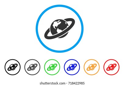 Ringed Planet rounded icon. Style is a flat ringed planet grey symbol inside light blue circle with black, gray, green, blue, red, orange color versions.