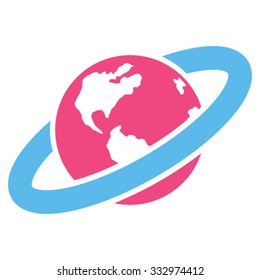 Ringed Planet vector icon. Style is bicolor flat symbol, pink and blue colors, rounded angles, white background.